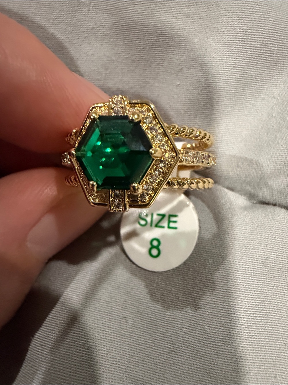 Gold Ring Hexagonal Emerald Green Stone - Size 8